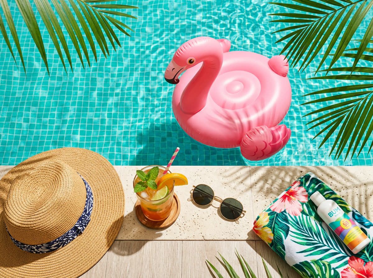 Sunny poolside still life capturing Ruby's laid-back Miami days